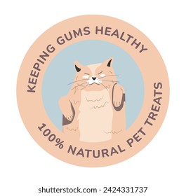 Tasty natural treats for pets. Contains useful ingredients supporting health of cats gums. Environmentally friendly packaging. Promotional banner or advertising, label or emblem, vector in flat style