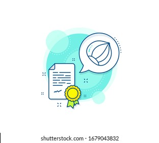 Señal de tuerca asquerosa. Icono de complejo de certificación. Icono de la línea de la avellana. Símbolo de comida vegana. Certificado o documento de diploma. Signo de avellanas. Vector
