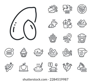 Tasty nut sign. Crepe, sweet popcorn and salad outline icons. Peanut line icon. Vegan food symbol. Peanut line sign. Pasta spaghetti, fresh juice icon. Supply chain. Vector