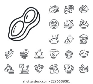 Tasty nut sign. Crepe, sweet popcorn and salad outline icons. Peanut line icon. Vegan food symbol. Peanut line sign. Pasta spaghetti, fresh juice icon. Supply chain. Vector