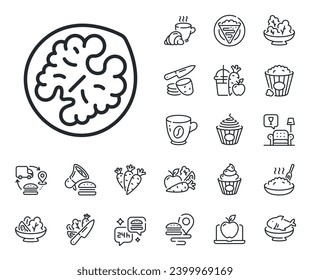 Tasty nut sign. Crepe, sweet popcorn and salad outline icons. Walnut line icon. Vegan food symbol. Walnut line sign. Pasta spaghetti, fresh juice icon. Supply chain. Vector