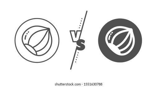 Tasty nut sign. Versus concept. Hazelnut line icon. Vegan food symbol. Line vs classic hazelnut icon. Vector