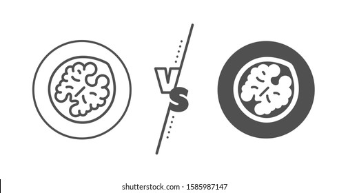 Tasty nut sign. Versus concept. Walnut line icon. Vegan food symbol. Line vs classic walnut icon. Vector