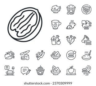 Tasty nuts sign. Crepe, sweet popcorn and salad outline icons. Pecan nut line icon. Vegan food symbol. Pecan nut line sign. Pasta spaghetti, fresh juice icon. Supply chain. Vector