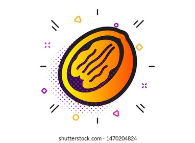 Tasty nuts sign. Halftone circles pattern. Pecan nut icon. Vegan food symbol. Vector