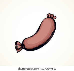 Tasty organic salt butcher pork chorizo salami on white pub backdrop. Bright brown color hand drawn butchery chicken snack shop menu logo emblem sketch in retro doodle graphic style and space for text