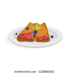 Tasty pancake for breakfast with berry. Homemade food delicious and hot. Morning dessert. Isolated vector illustration in cartoon style