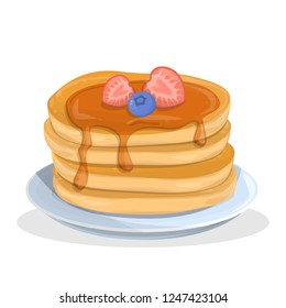 Tasty pancake for breakfast with berry and maple syrup. Homemade food delicious and hot. Isolated vector illustration