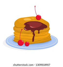 Tasty pancake for breakfast with berry and maple syrup. Homemade food delicious and hot. Isolated vector illustration