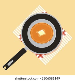 Tasty pancake with butter on frying pan, top view flat vector illustration. American breakfast foods.