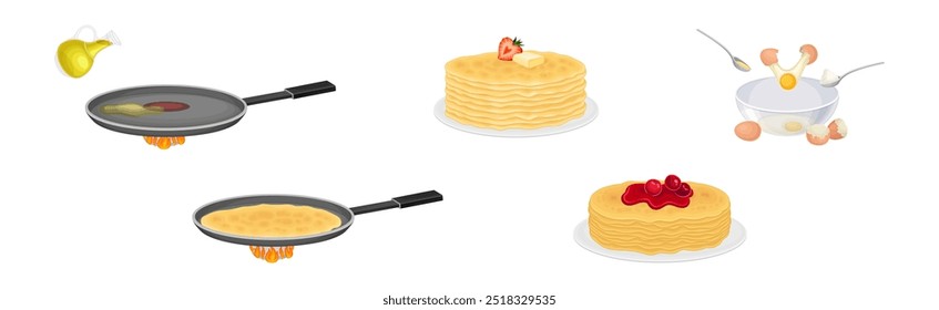 Sabroso proceso de cocción de panqueques con juego de Vectores de utensilios