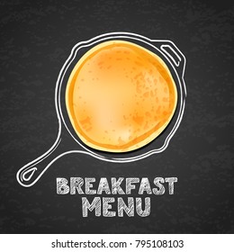 Tasty pancake and hand drawn outline watercolor pan, on textured black board slate background. Vector design for breakfast dessert menu, cafe, restaurant. Morning recipe illustration. svg