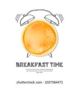 Tasty pancake, letters and hand drawn watercolor alarm clock isolated on white background. Vector design for breakfast menu, cafe, restaurant. Fast food background.