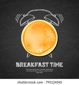 Tasty pancake, letters and hand drawn watercolor alarm clock on textured black board slate background. Vector design for breakfast menu, cafe, restaurant. Fast food background.