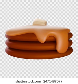 Tasty pancake stack with honey and butter in bright 3d cartoon style. Realistic breakfast cute food. Minimal vector illustration isolated on transparent background.