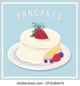 Tasty pancakes with fresh berries on plate, isolated on blue.