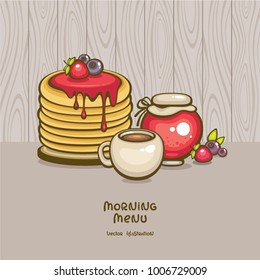 Tasty pancakes with homemade jam, cup of tea and berries. Russian Breakfast. Morning menu vector illustration. Traditional dessert.