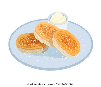 Tasty pancakes, oladyi or syrniki lying on plate with sour cream isolated on white background. Appetizing homemade meal of Russian cuisine. Delicious cooked breakfast. Colored vector illustration.