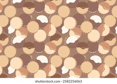 A tasty pattern design featuring biscuits filled with chocolate and cream. Perfect for wrapping paper, backgrounds, and textile designs.