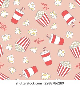 tasty pattern with popcorn and soda on coral background