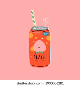 Tasty Peach Soda. Soft Drink In Aluminum Can. Carbonated Water With Fruit Flavor. Asian, Japanese Kawaii Style. Hand Drawn Colorful Vector Illustration. Icon, Logo Or Poster Template