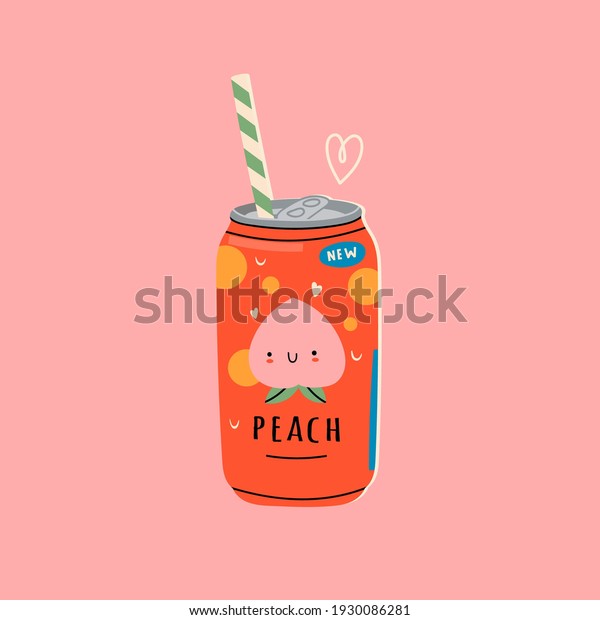 Tasty Peach\
Soda. Soft Drink in aluminum Can. Carbonated water with fruit\
flavor. Asian, Japanese Kawaii style. Hand drawn colorful Vector\
illustration. Icon, logo or Poster\
template