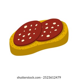 Sabroso Pepperoni sobre tostadas crujientes y frescas. Pan de sándwich de desayuno con salchicha. Ilustración vectorial