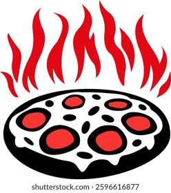 Tasty pepperoni pizza with melted cheese and flames representing hot, fresh, and spicy food for fast casual dining and takeout. Not AI Generated