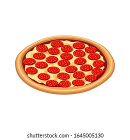 Tasty pepperoni pizza with sausage, cheese isometric view isolated on white background. 3d Flat traditional italian fast food icon. Vector illustration for web, advert, menu