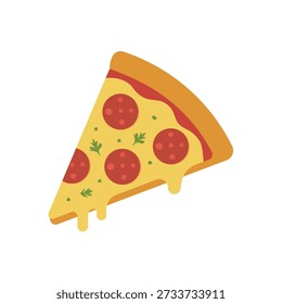 Sabrosa rebanada de pizza de pepperoni con queso goteando y Ilustración vectorial de hierbas para los menús de comida italiana.