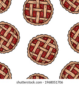Tasty pie doodles seamless border pattern. Cute cartoon tasty pastry repeatable background tile. Cozy template of stock illustration for wrapping design, wallpaper