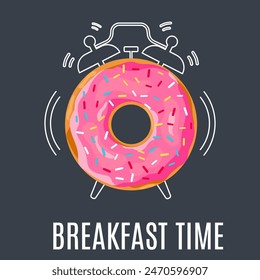 Leckerer rosa verglaster Donut, Design für Frühstücksmenü, Café, Bäckerei. Fast Food Hintergrund. Vektorillustration im flachen Stil