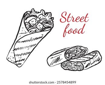 Tasty pita roll with chicken mean and vegetables. Street food design. Shawarma charcoal drawing with salad, pork, cucumber. Hand drawn vector sketch illustration in vintage charcoal ink style.