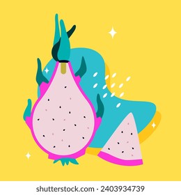 Tasty pitaya fruit - modern colored vector illustration with beautiful dragon harvest with a pink skin and a clear, watery core. Treats in Thailand, food for vegetarians, gifts of nature for tourists