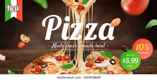 Tasty Pizza Ad With Stringy Cheese And Fresh Ingredients Set On Wooden Table, 3d Illustration