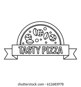 Tasty pizza badge with ribbon icon. Outline illustration of tasty pizza badge with ribbon vector icon for web