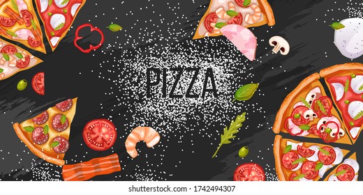 Tasty pizza banner with slices, tomatoes, mushrooms, shrimps, flour. Italian food concept in realistic style on black background. Pizzeria illustration for advertisements, menus, flyers.
