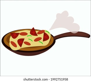 A tasty pizza with cheese, sausages and tomatoes on a big pan. Vector illustration.