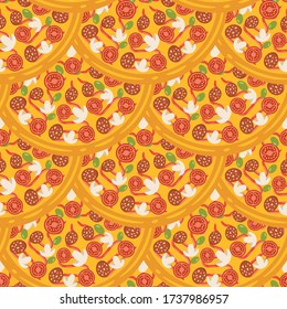 Sabrosos círculos de pizza sin costura. Moderno y elegante servicio de comida rápida de repetición. Ilustración vectorial aislada sobre fondo blanco.