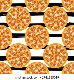 Sabrosos círculos de pizza sin costura. Moderno y elegante servicio de comida rápida de repetición. Ilustración vectorial aislada sobre fondo blanco y negro rayado.