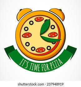 Tasty pizza with clock, design template. Vector illustration. Concept for pizzeria, food delivery, Italian restaurant.