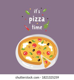 Tasty pizza with delicious ingredients. Colorful vector illustration