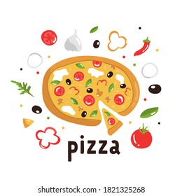 Tasty pizza with delicious ingredients. Colorful vector illustration