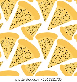 Tasty pizza doodle seamless pattern in cartoon style. Fast food concept for textile print.