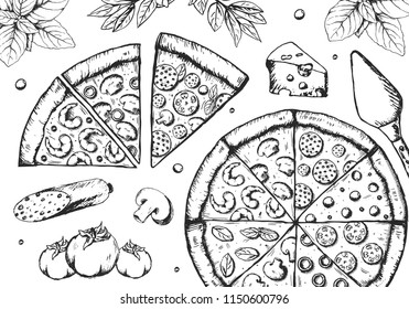 Tasty pizza ingredients set . Food background. Delicious restaurant menu. Vector illustration EPS10.