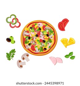 Tasty pizza with ingredients vector on white background 