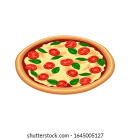 Tasty pizza margherita with tomato, cheese, basil isometric view isolated on white background. 3d flat traditional italian fast food icon. Vector illustration for web, advert, menu