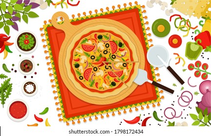 Tasty pizza mexican vector illustration in flat design. Popular fast food. Top view.