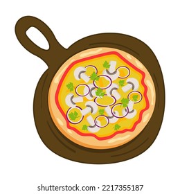 Tasty pizza with mushrooms herbs onions and cheeseon wooden board. Traditional italian fast food. Top view meal. European snack. Isolated on white background.Vector illustration 