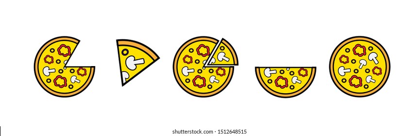 Tasty pizza with mushrooms, pepper and olives for posters, banners and cards. Vector Italian food set for cafe, food delivery, restaurant, pizza house